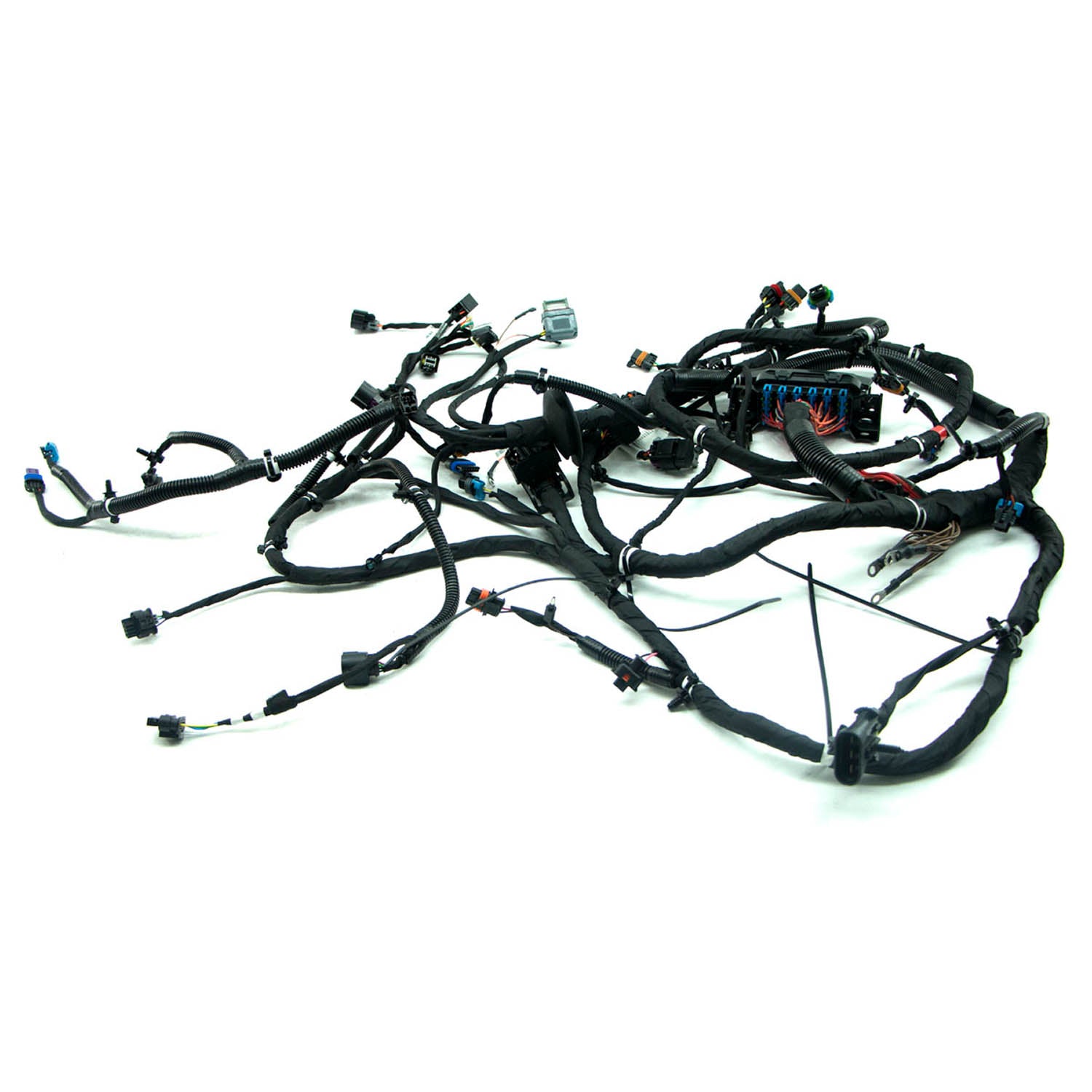 Black wiring harness with multiple connectors and protective sheathing designed for Polaris RZR chassis.