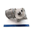 Silver metal power steering gearbox housing for Polaris RZR XP with visible mounting holes and gear shaft alongside blue.