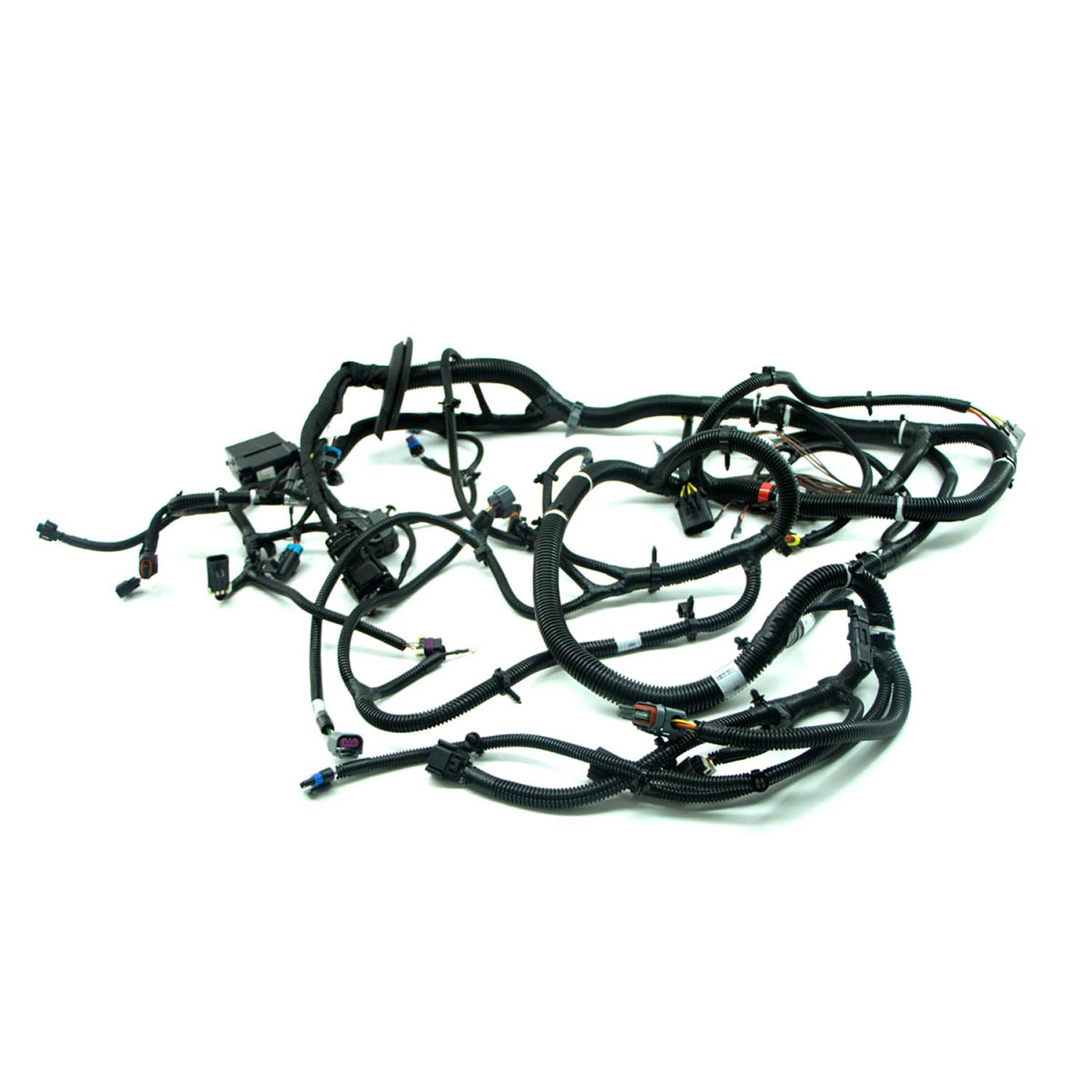 Complex black wiring harness with multiple connectors and protective sleeves for Polaris Ranger XP 900 EPS chassis.