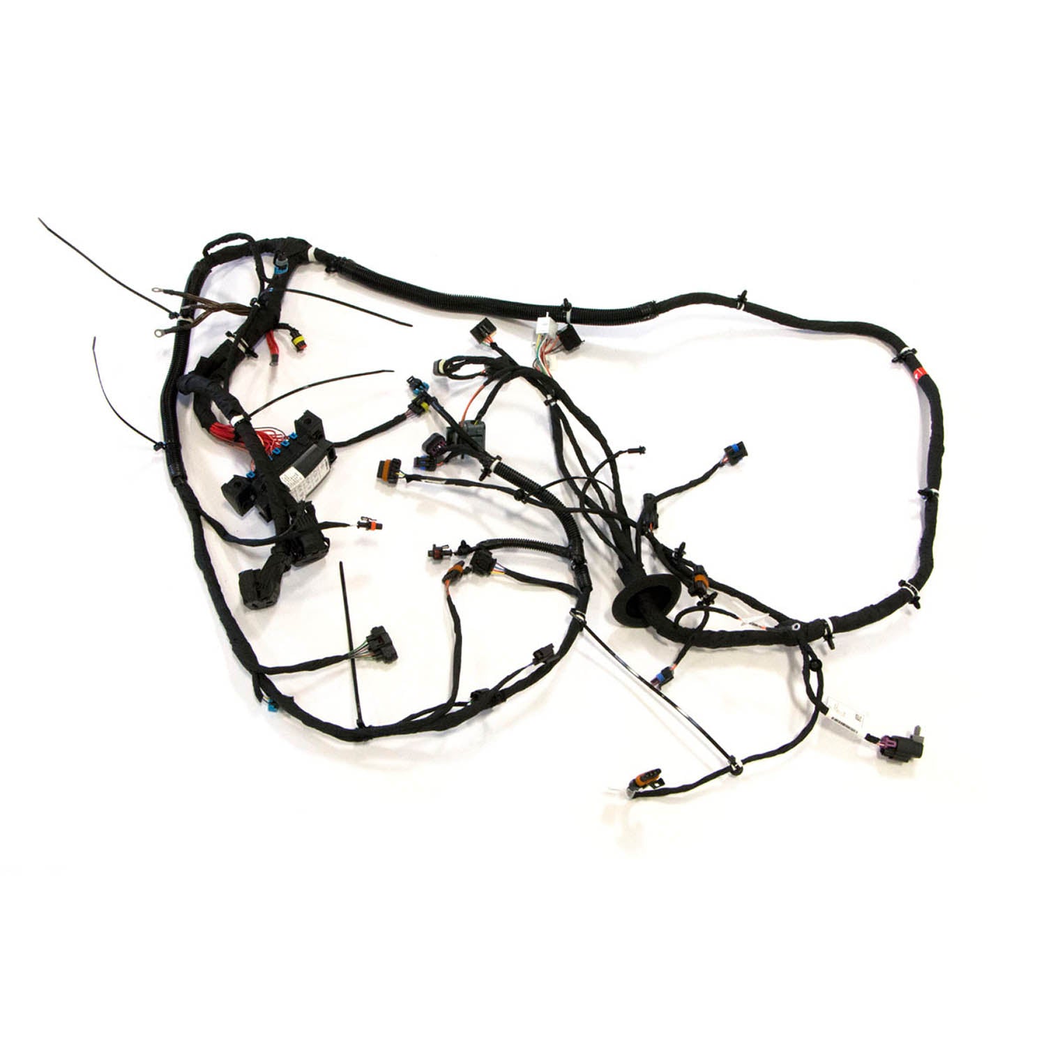 Black and red automotive wiring harness with multiple connectors and protective sheathing.