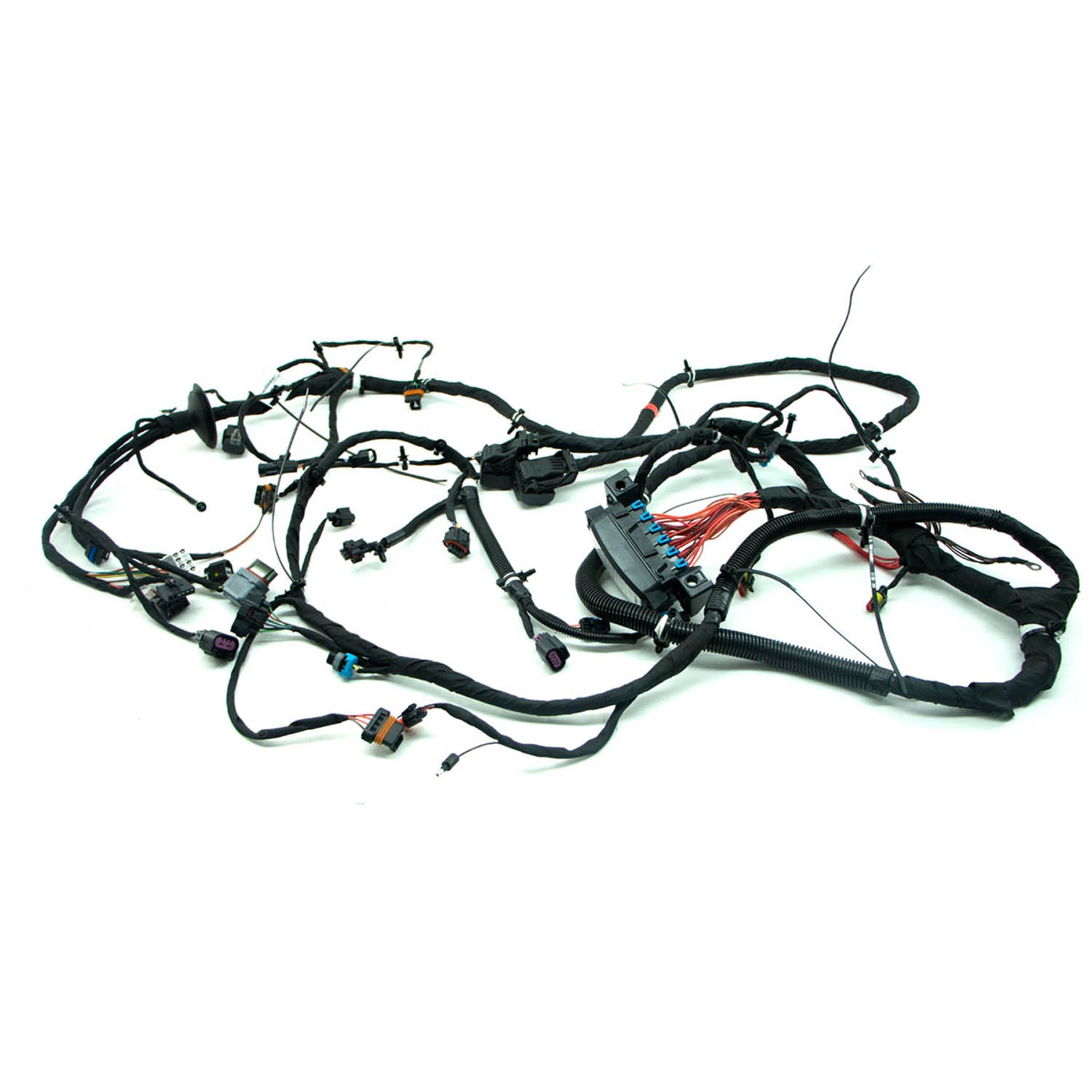Black insulated wiring harness with multiple connectors and protective sleeves for offroad vehicle chassis.