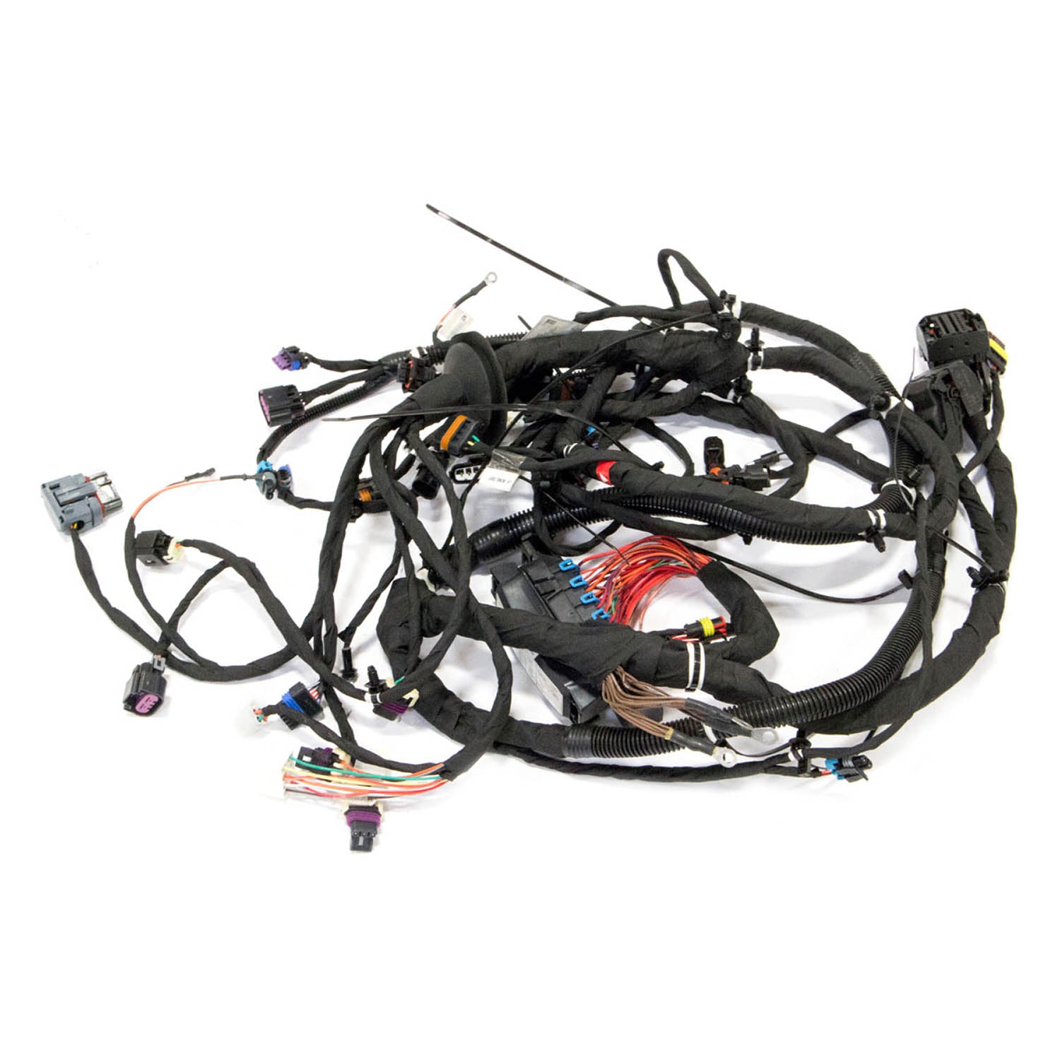 Black wired chassis harness with multiple connectors and protective sleeve coverings for Polaris UTV wiring system.