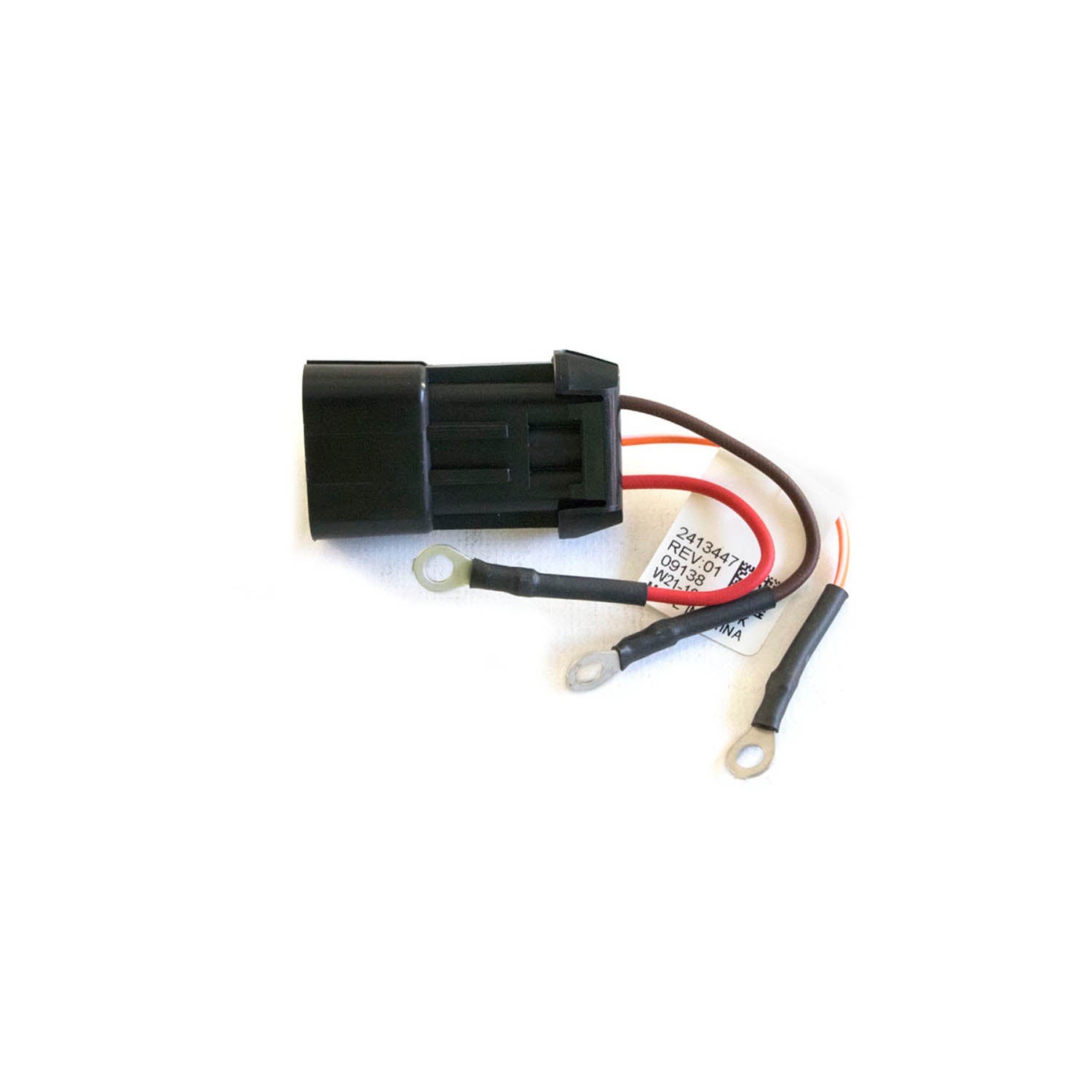 Black plastic connector with attached red, black, and white wires ending in metal ring terminals and a black insulated spade