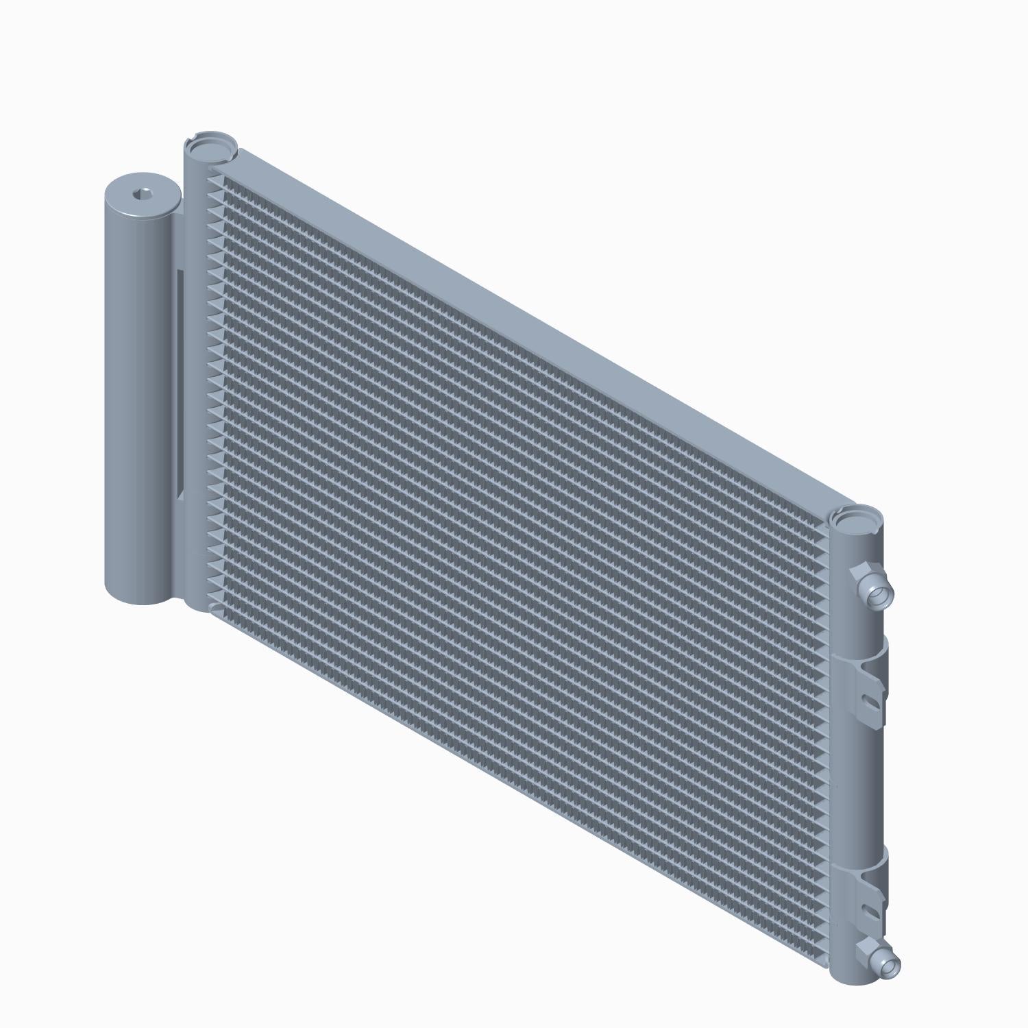 Gray rectangular HVAC condenser with horizontal fins and cylindrical tanks on both ends.