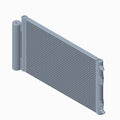 Gray rectangular HVAC condenser with horizontal fins and cylindrical tanks on both ends.
