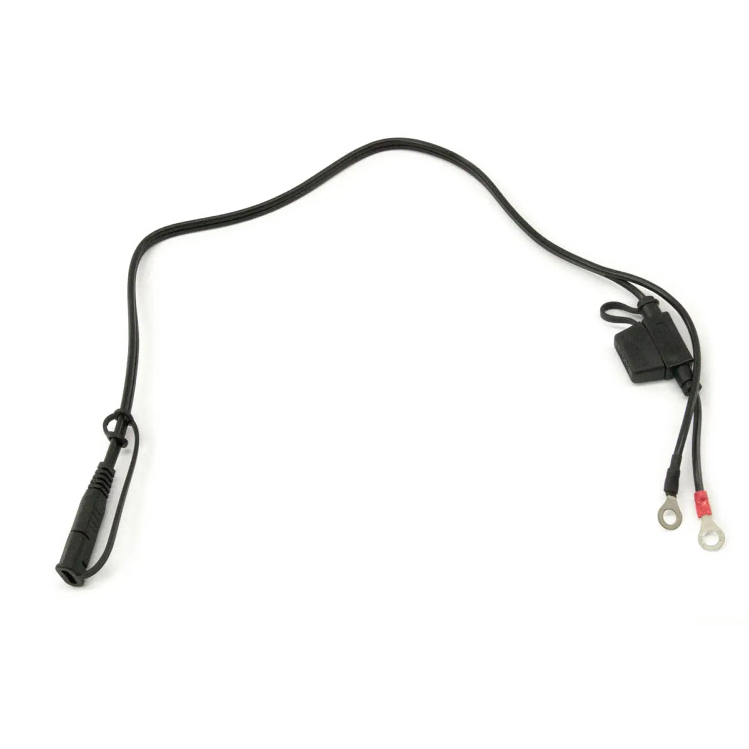 Black charging harness with one end featuring two circular metal connectors and the other end a rectangular plastic plug.