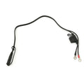 Black charging harness with one end featuring two circular metal connectors and the other end a rectangular plastic plug.