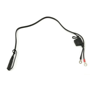 Black charging harness with one end featuring two circular metal connectors and the other end a rectangular plastic plug.