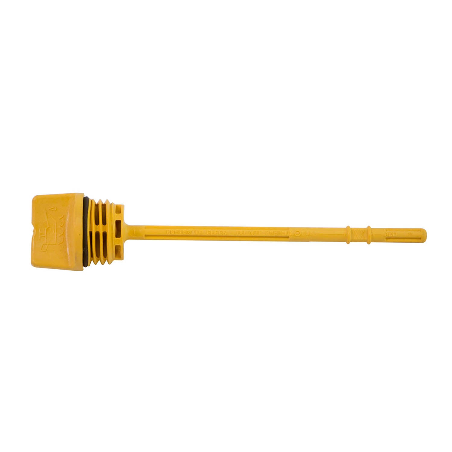 Yellow plastic oil fill dipstick with square handle and extended narrow measuring rod.