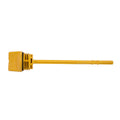 Yellow plastic oil fill dipstick with square handle and extended narrow measuring rod.