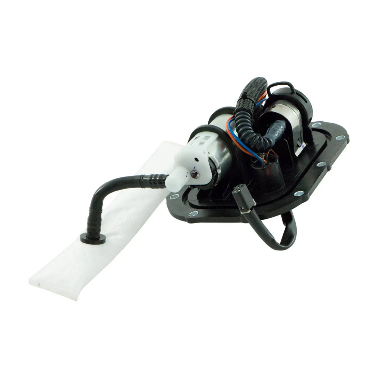 The Fuel Pump by Polaris, in black and white, features attached wiring, hoses, and a fuel filter sock. Compatible as an OEM Victory Polaris part, it’s ideal for Victory motorcycle fuel pump replacements and shown against a white background.