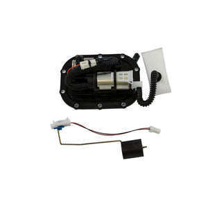 The Fuel Pump w/ Sender by Polaris, featuring attached wiring, connectors, a black float arm sensor, and a white fuel filter, is shown on a white background.