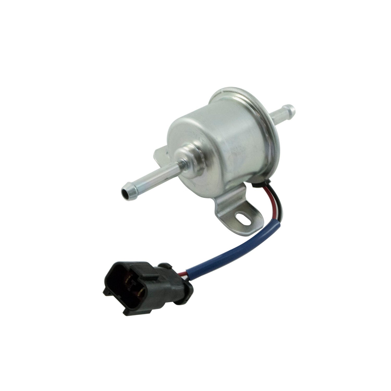 Silver cylindrical metal fuel pump with mounting bracket and black electrical connector with blue and black wires.