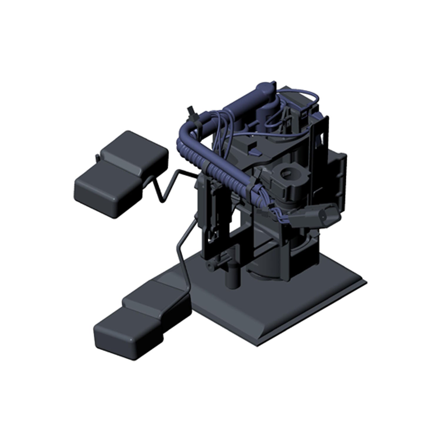 3D-rendered model of a Fuel Pump Sender by Polaris featuring a central unit, coiled purple cables, and two sets of black foot pedals with connecting wires—all mounted on a square base.