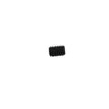 Small black metal threaded set screw with hexagonal socket head.