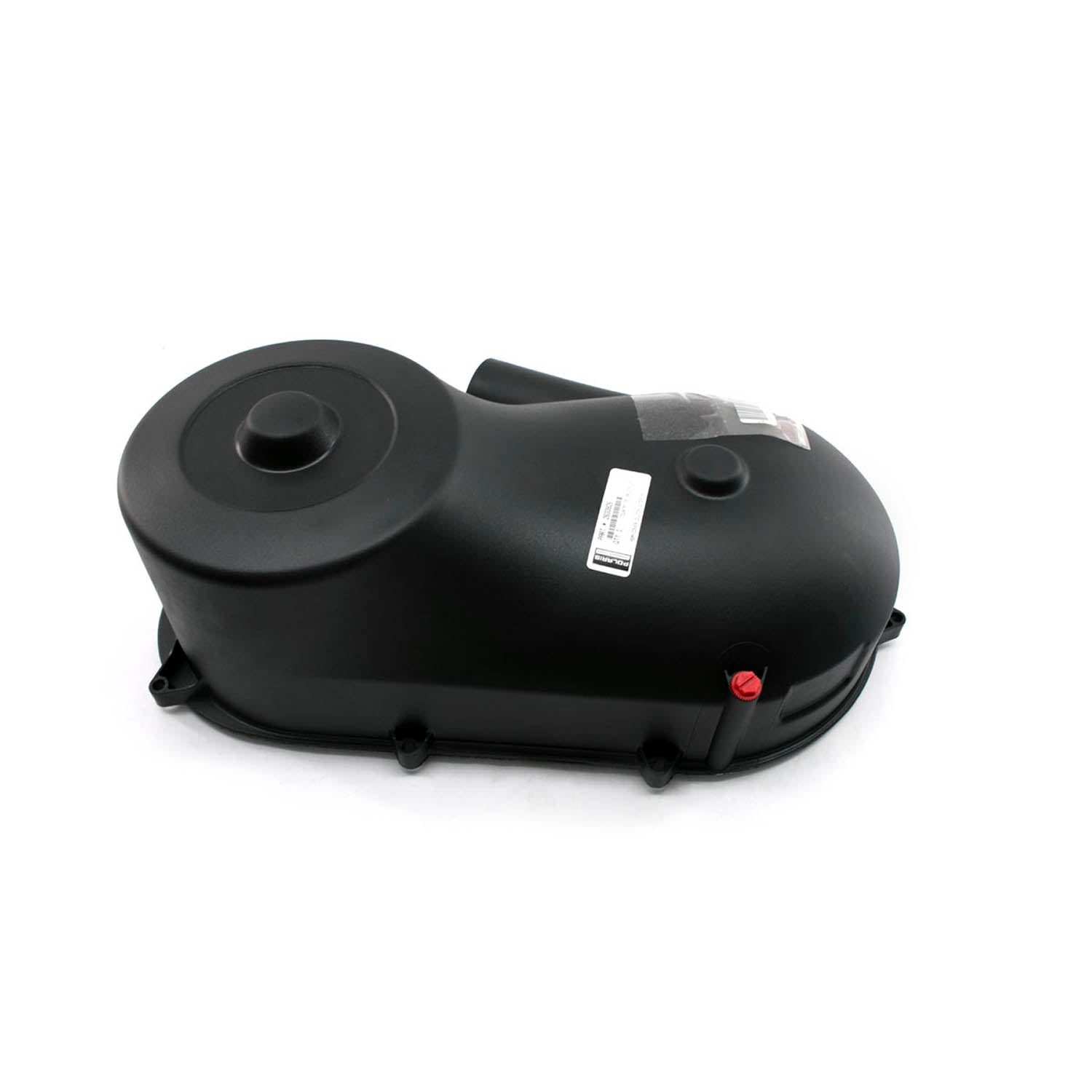 Black molded plastic outer clutch cover with integrated mounting points and vent hole.