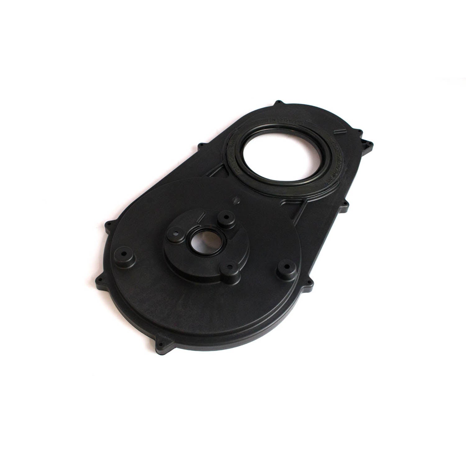Black plastic inner clutch cover with circular openings and mounting tabs.
