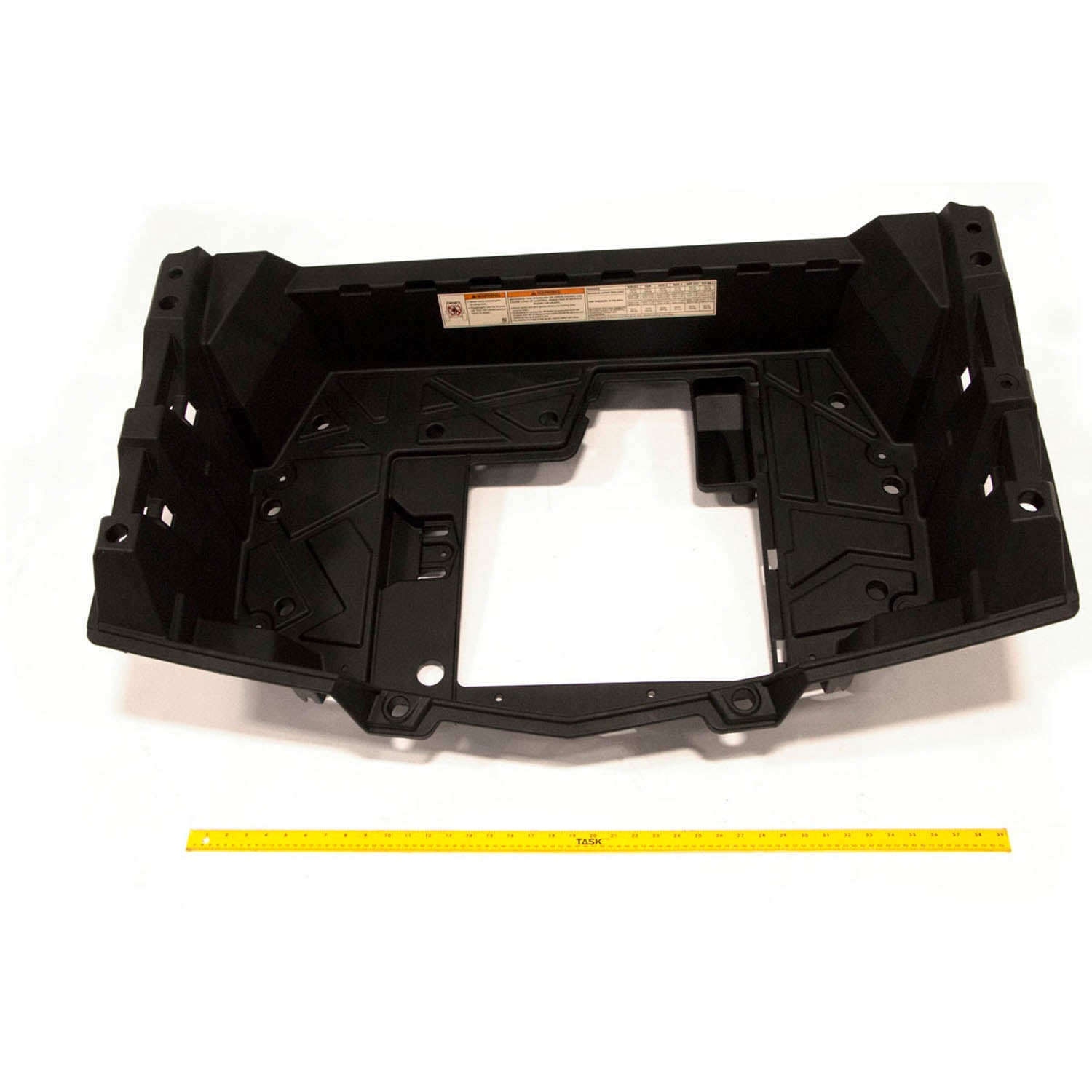 Black plastic rear main box with angular contours and mounting holes, designed for Polaris off-road vehicles.