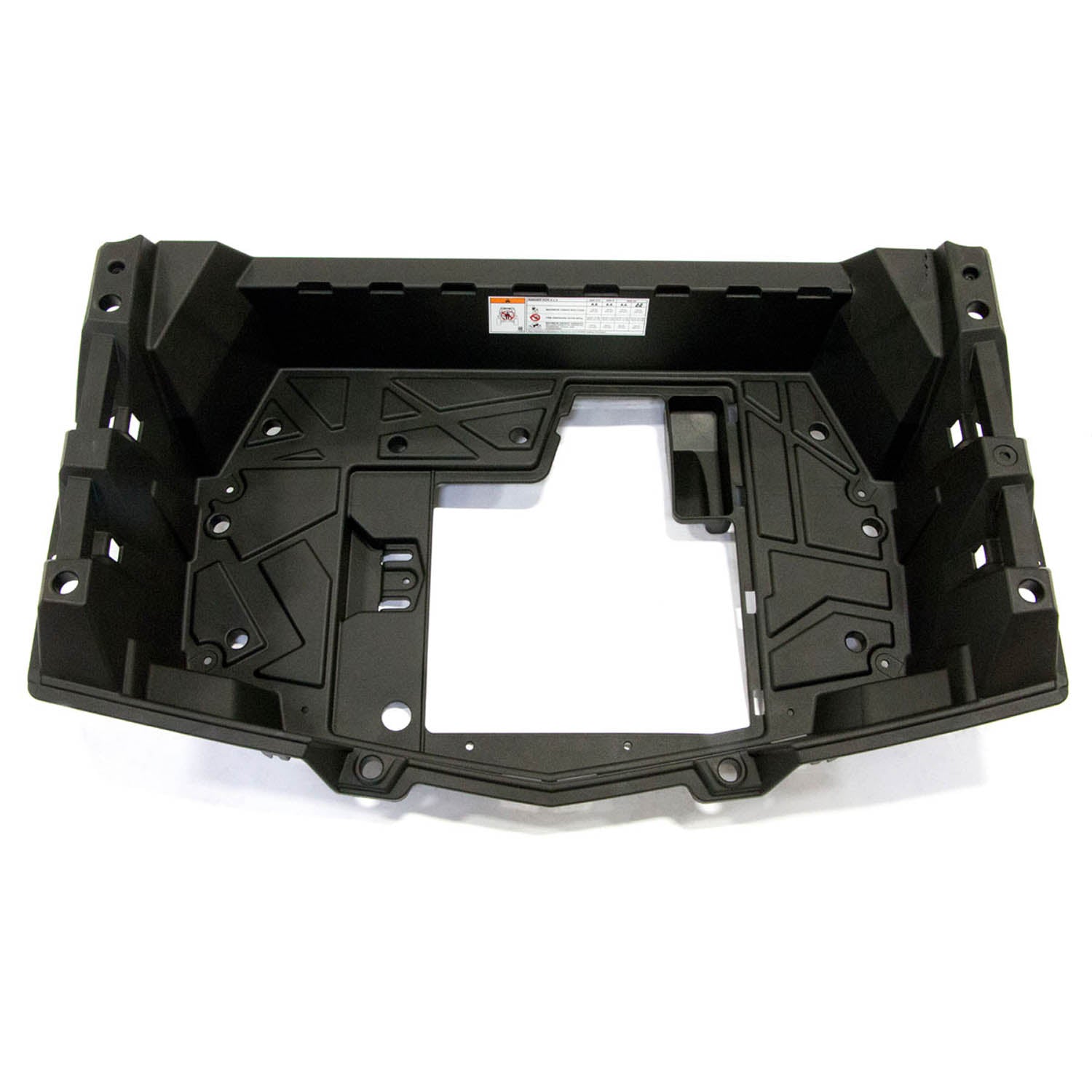 Black rugged plastic rear storage box with geometric patterns and mounting points for Polaris UTVs.