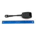 Black plastic Polaris seatbelt buckle cable with metal loop end next to a blue 12-inch ruler.