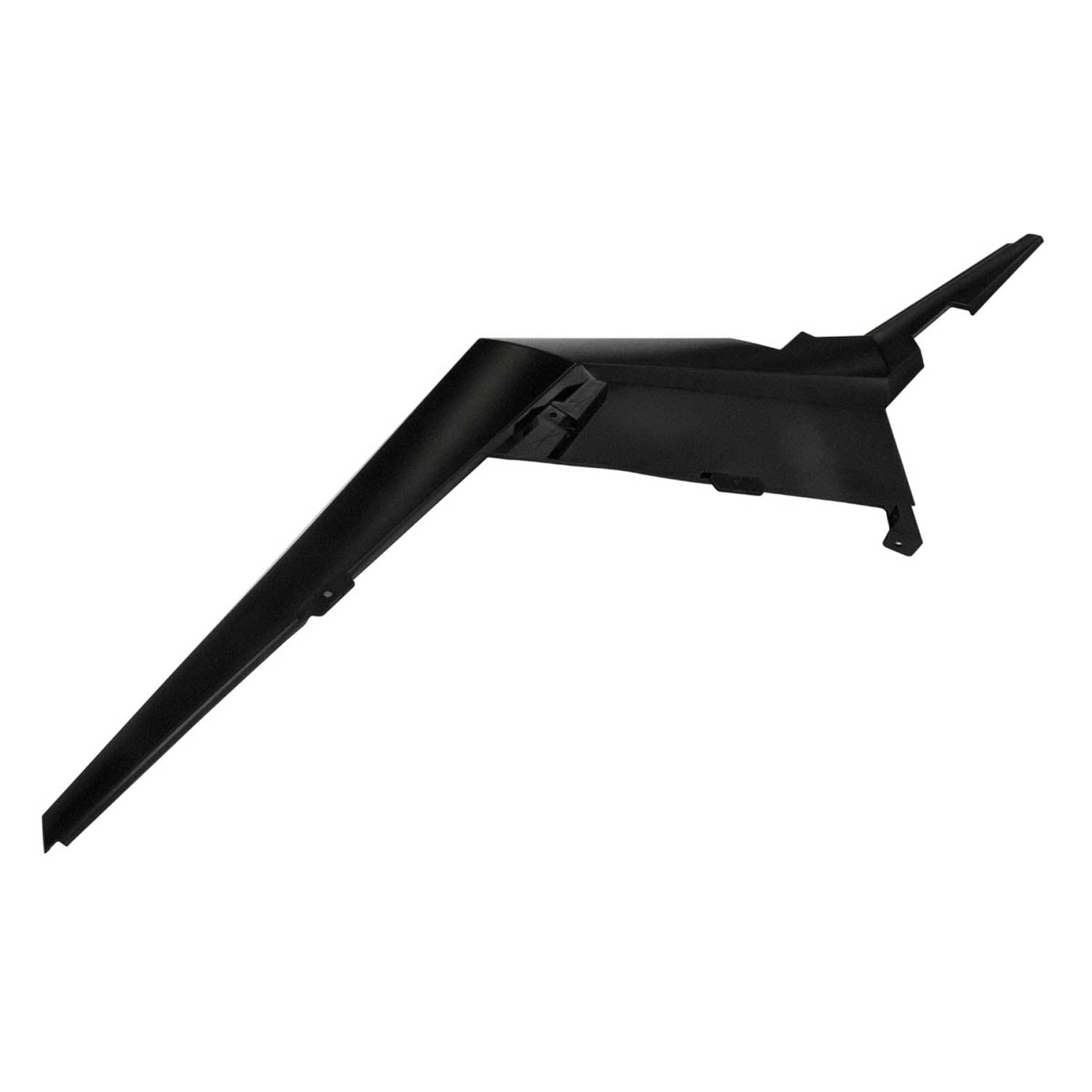 Black angular rear fender panel with smooth matte finish and mounting points.