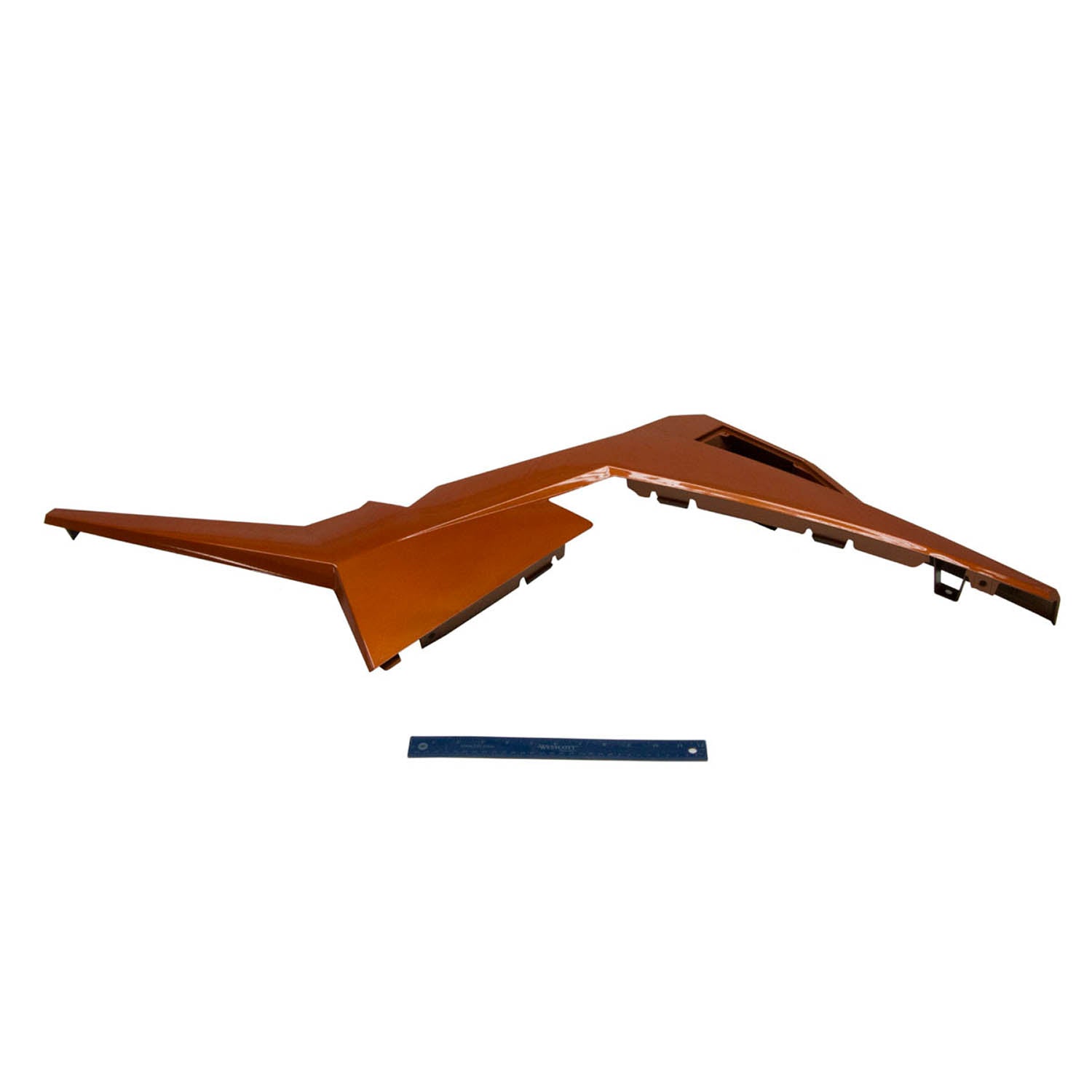 Orange rear painted plastic fender clip with angular design and mounting tabs for Polaris UTV left side.