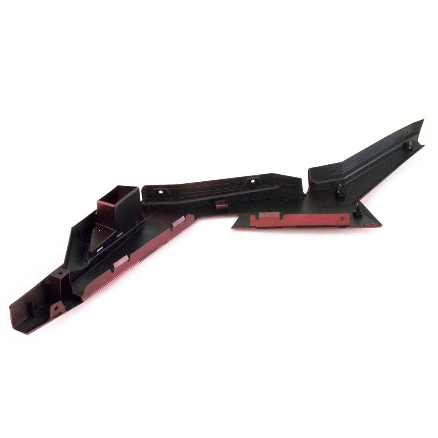 Black molded plastic rear left fender extension with angular design for Polaris offroad vehicle.