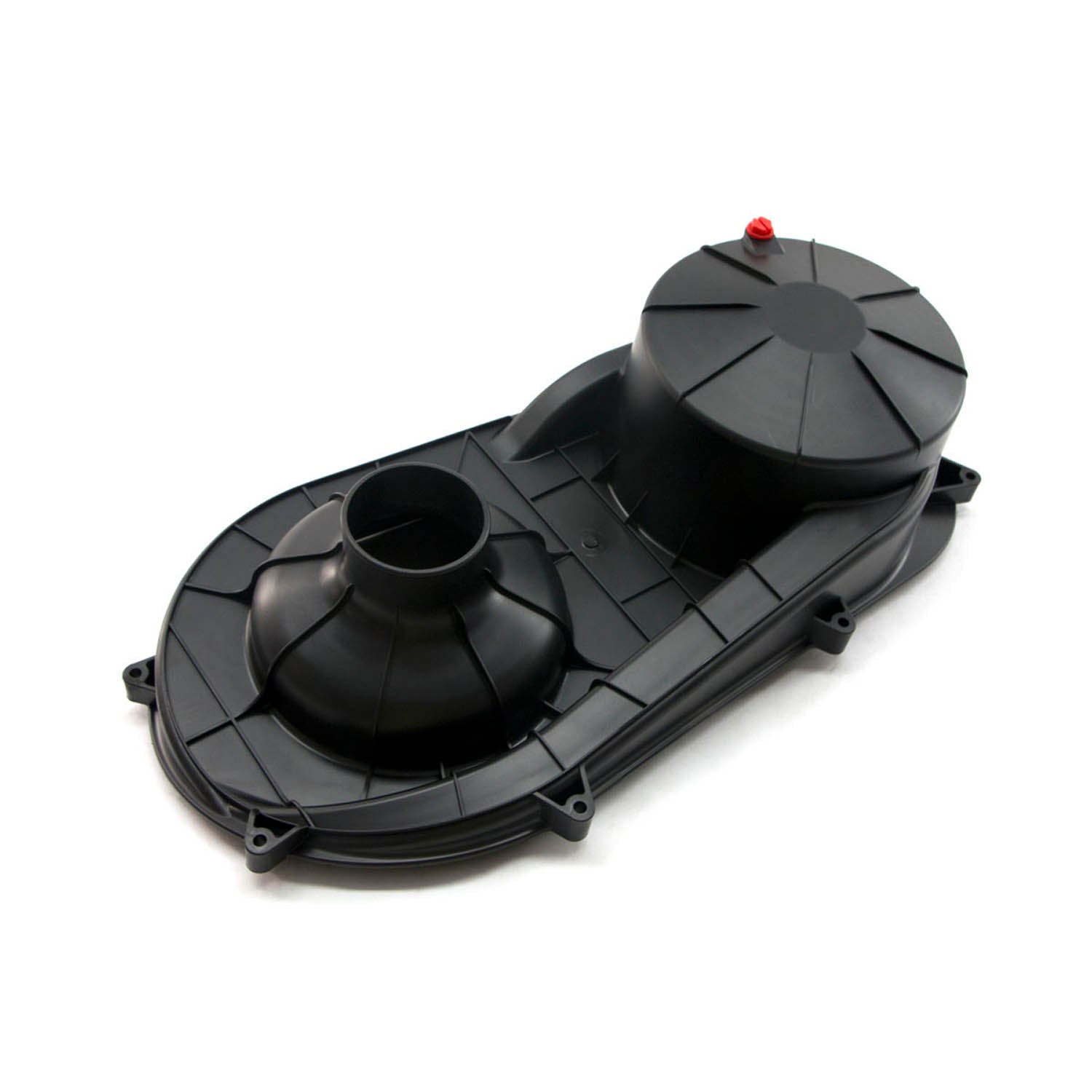 Black plastic Polaris outer clutch cover with circular and funnel-shaped compartments and mounting holes.