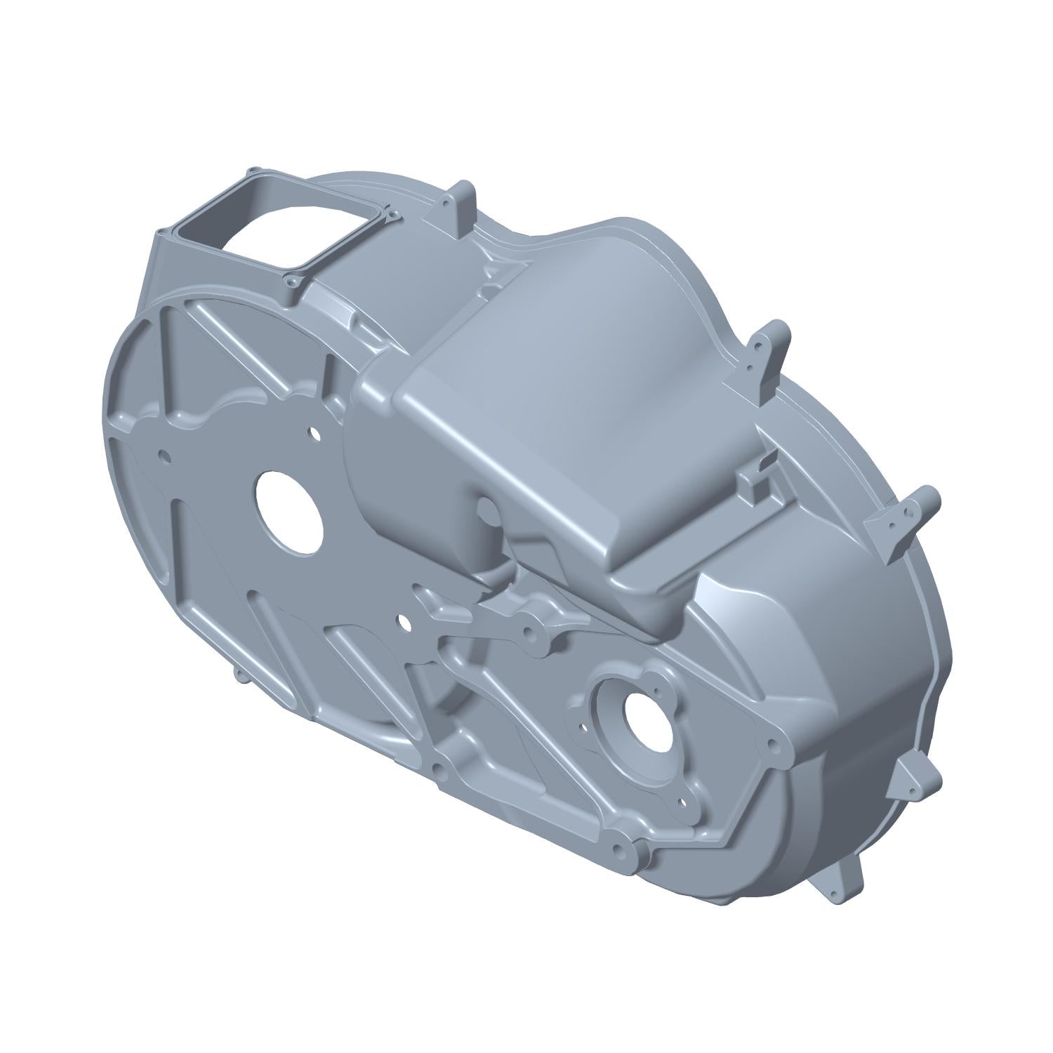 Gray molded plastic clutch cover for Polaris offroad vehicle with multiple mounting points and circular openings.