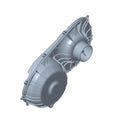 Gray metallic clutch cover with curved, ribbed detailing and central circular opening.