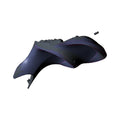 Black contoured heated motorcycle seat with smooth surface and integrated wiring connector.