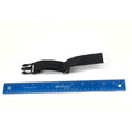 Black nylon latch strap with plastic buckle, next to a blue 12-inch ruler for scale.