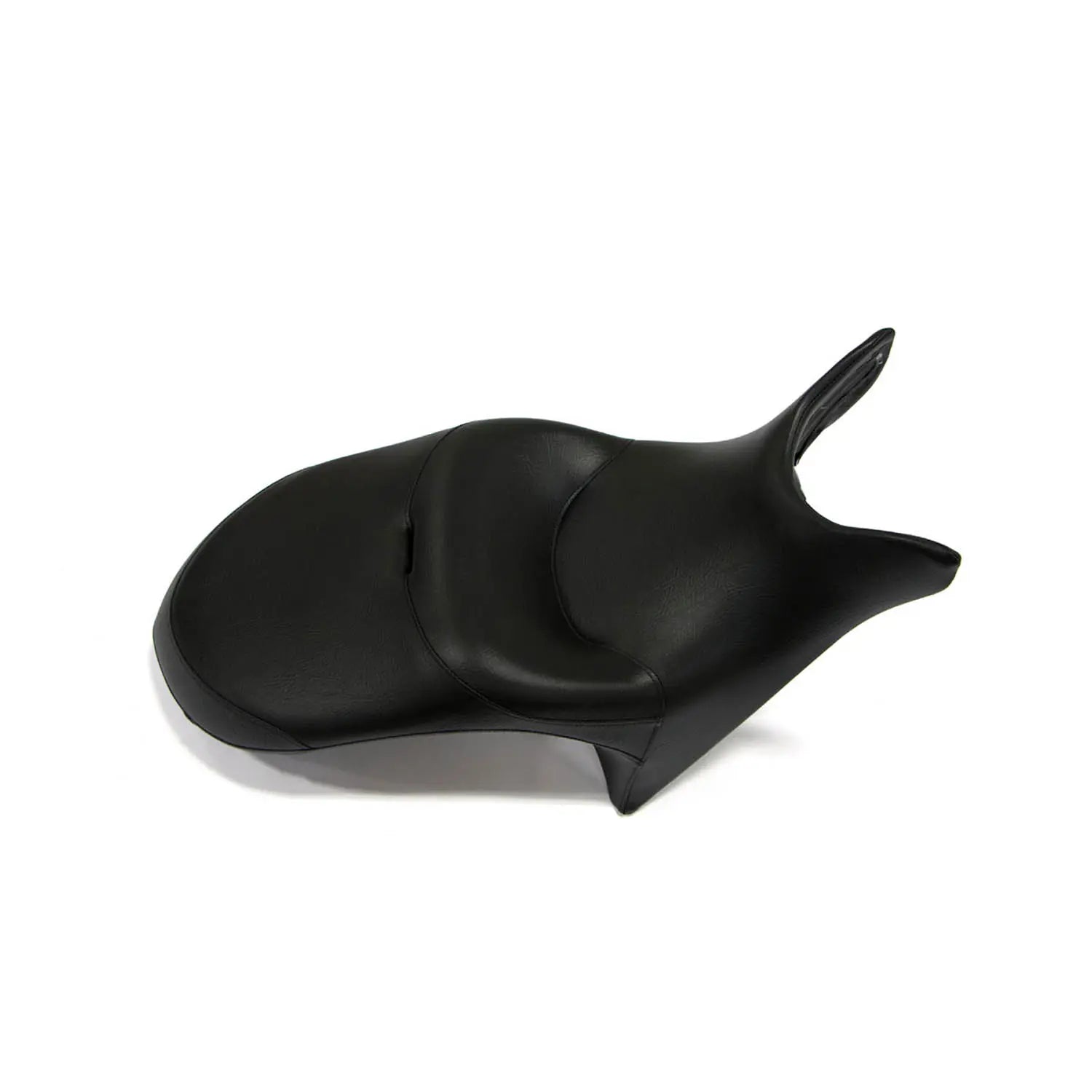 Black contoured motorcycle touring seat with raised passenger backrest by Polaris.