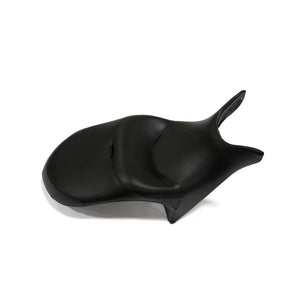 Black contoured motorcycle touring seat with raised passenger backrest by Polaris.
