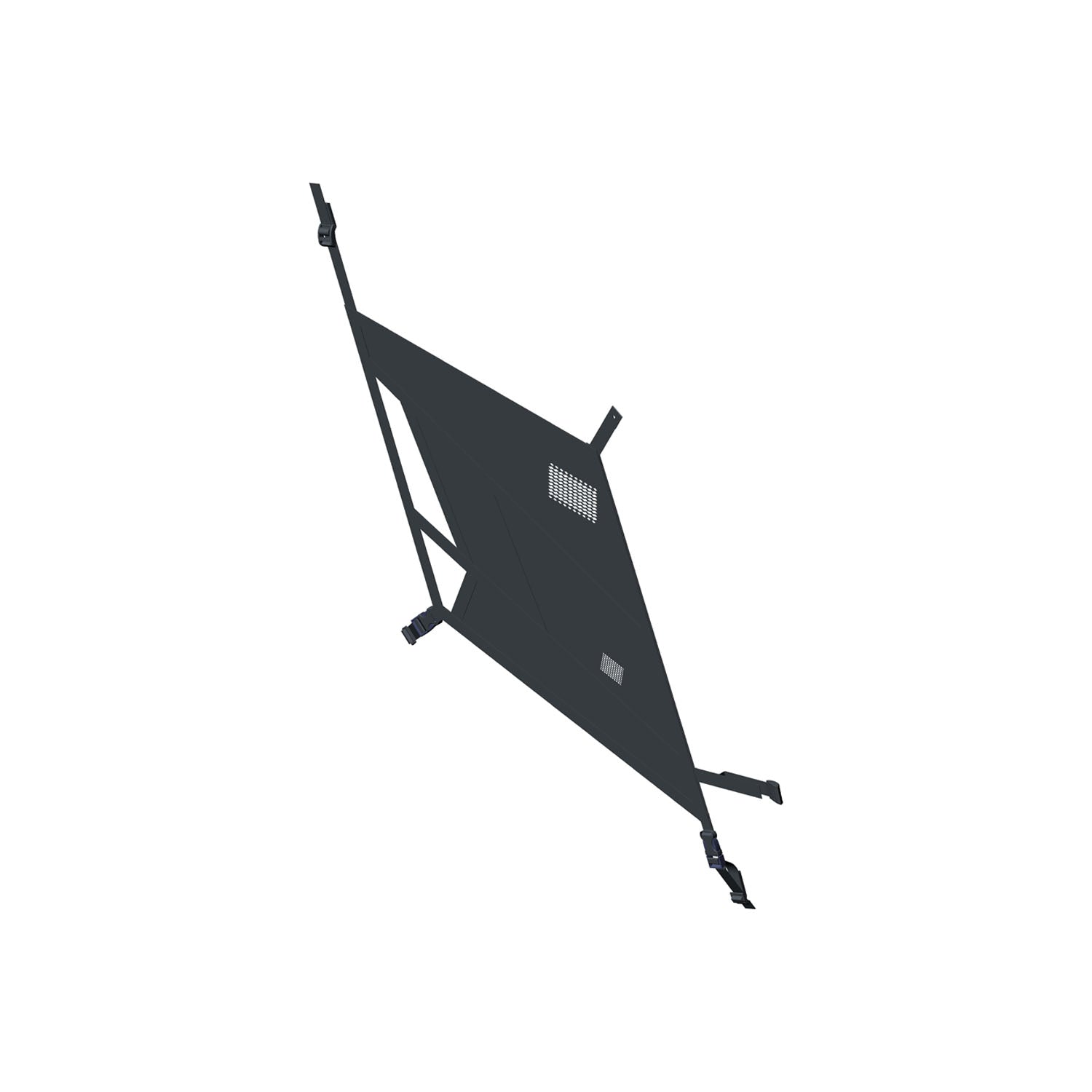 Black mesh net door with adjustable straps designed for front or rear installation on Polaris UTVs.