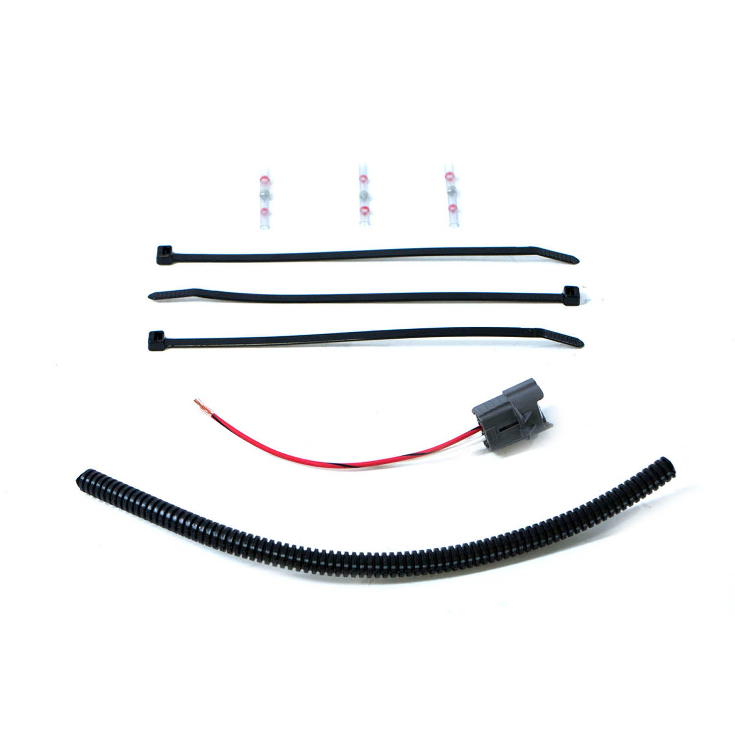 Black plastic engine injector harness with red wire, corrugated protective sleeve, three zip ties, and connectors.