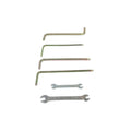 Set of five metal hand tools including four L-shaped hex keys and two double-ended open wrenches with a silver finish.