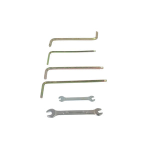 Set of five metal hand tools including four L-shaped hex keys and two double-ended open wrenches with a silver finish.