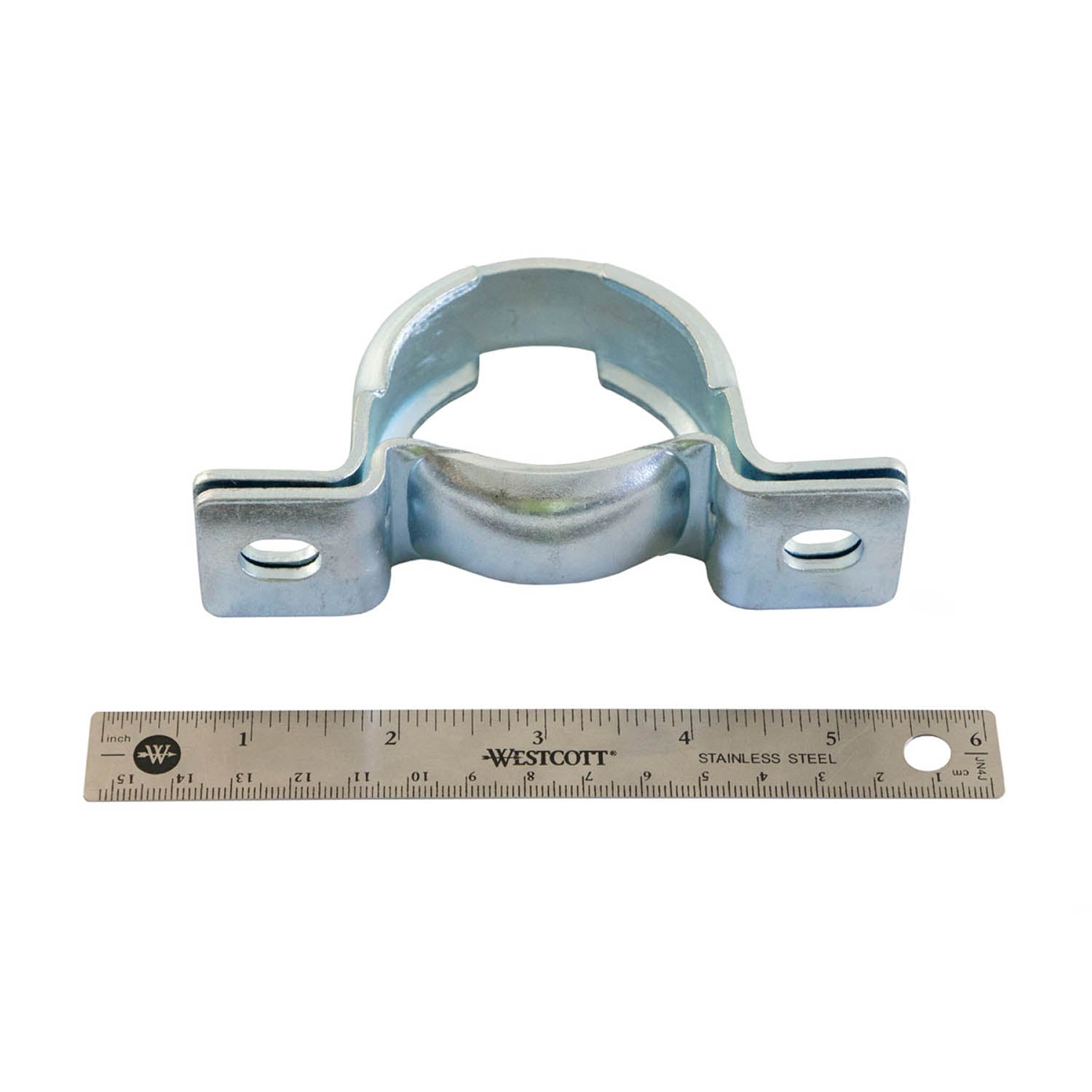 Silver metal U-bolt style bracket with two mounting holes next to a 12-inch ruler.