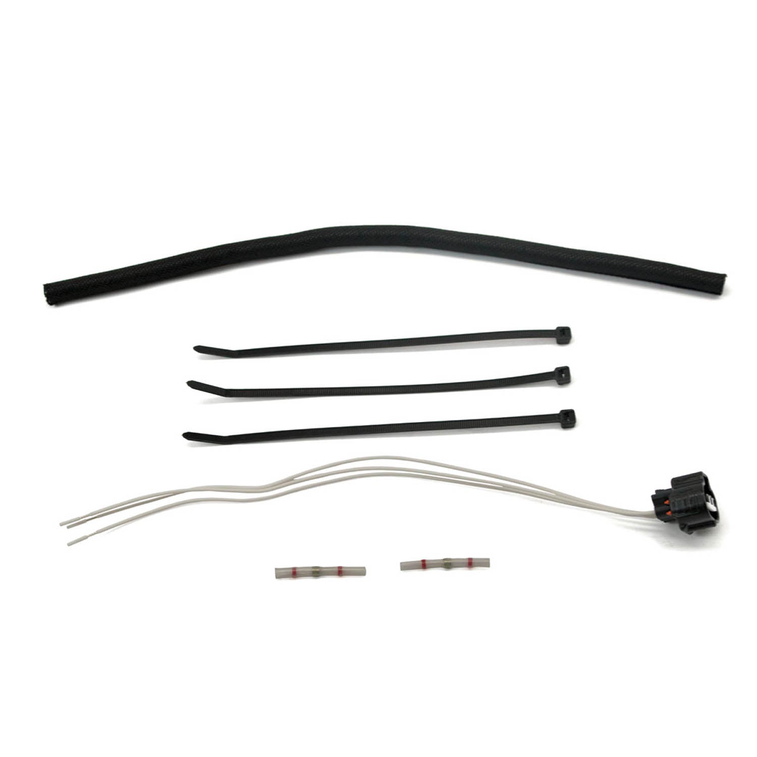 Black insulated wiring harness with three zip ties, two white wires, two connectors, and a black plastic sensor plug.