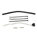 Black insulated wiring harness with three zip ties, two white wires, two connectors, and a black plastic sensor plug.