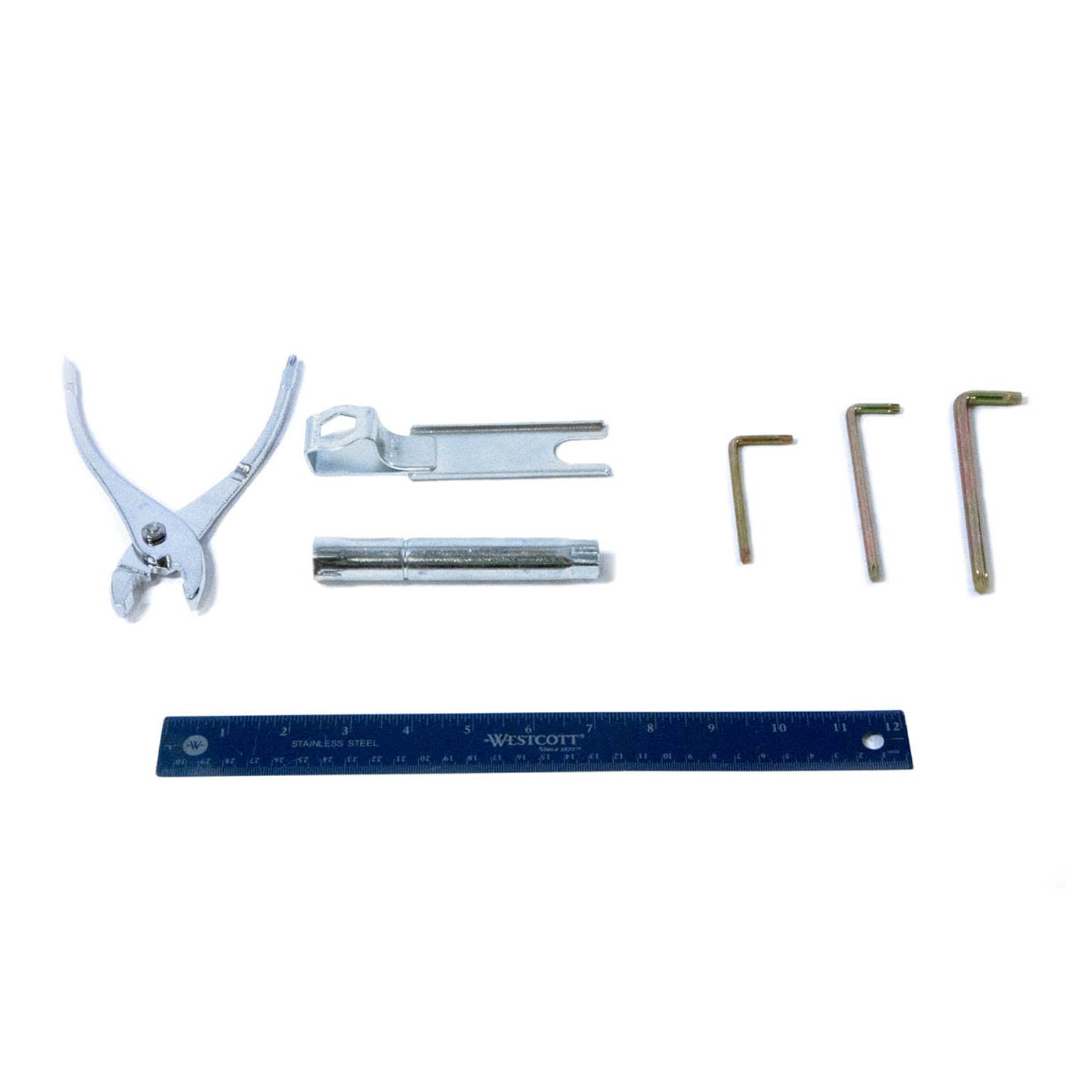 Silver metal snap ring pliers, two metal pry tools, three L-shaped hex keys, and a blue 6-inch ruler.