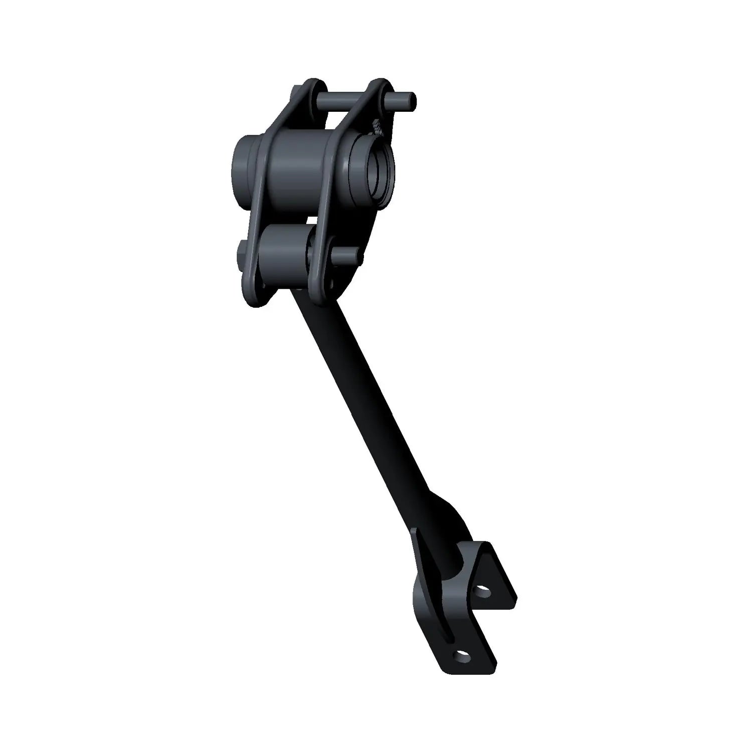 Black metal rocker pushrod with dual pivot points and mounting flange designed for motorcycle engine assembly.