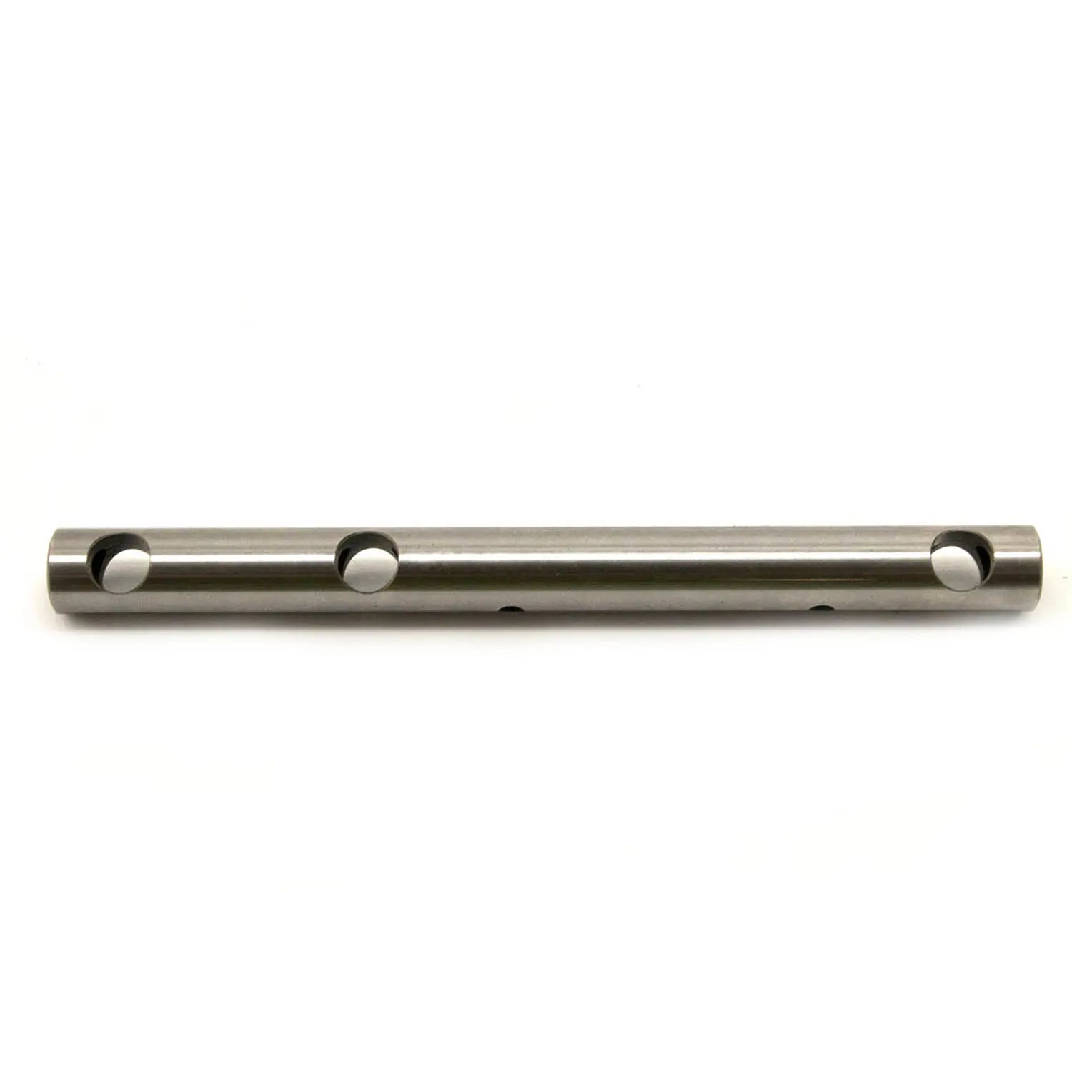Metal rocker shaft with three evenly spaced circular holes, polished finish.