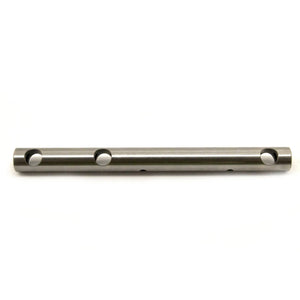 Metal rocker shaft with three evenly spaced circular holes, polished finish.