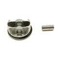 Silver metal piston with black rubber ring and separate cylindrical piston pin on white background.