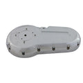 Chrome-finished motorcycle primary cover with smooth, contoured surface and mounting holes.