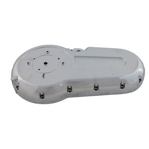 Chrome-finished motorcycle primary cover with smooth, contoured surface and mounting holes.