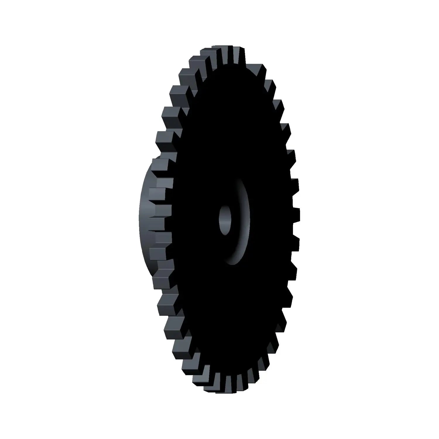 Black toothed timing wheel with circular center hole and thick outer edge.
