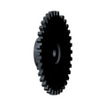 Black toothed timing wheel with circular center hole and thick outer edge.